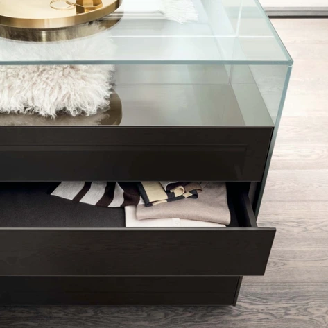 Rimadesio Dolmen display cabinet with glass shelves and integrated storage