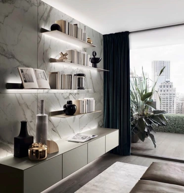Slim Rimadesio Eos shelving with led illumination in a contemporary lounge