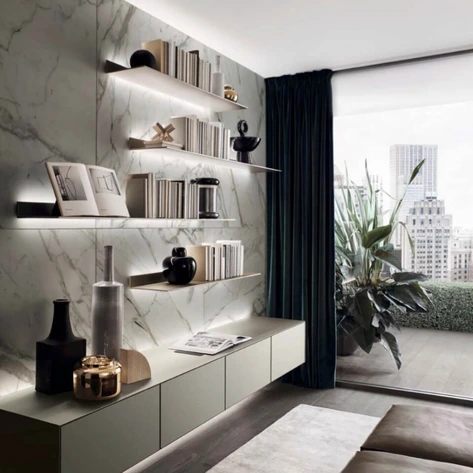 Slim Rimadesio Eos shelving with led illumination in a contemporary lounge