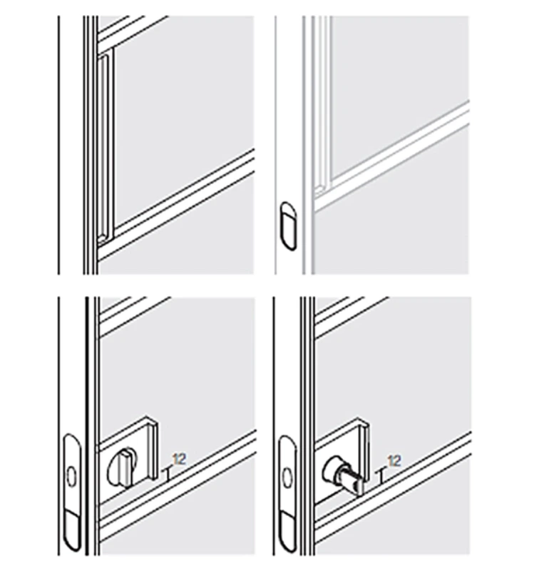 Technical drawings of Rimadesio door handle options, including pull handle, tumbler lock and key-operated lock configurations