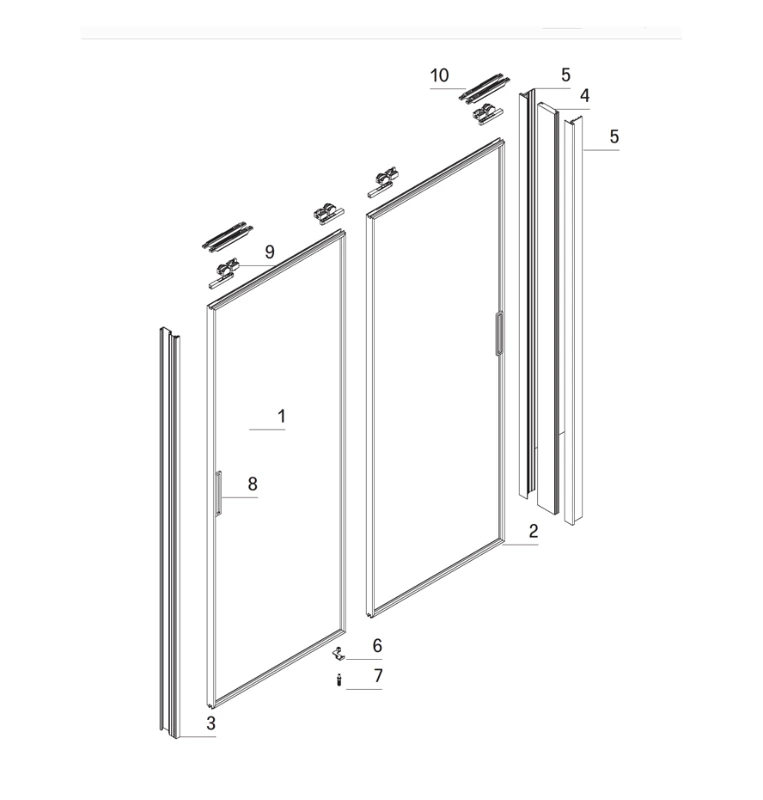Exploded technical diagram of the Rimadesio sliding door showing the glass panel, aluminium frame, jamb, floor pin, handle, sliding carriage and soft-motion brake