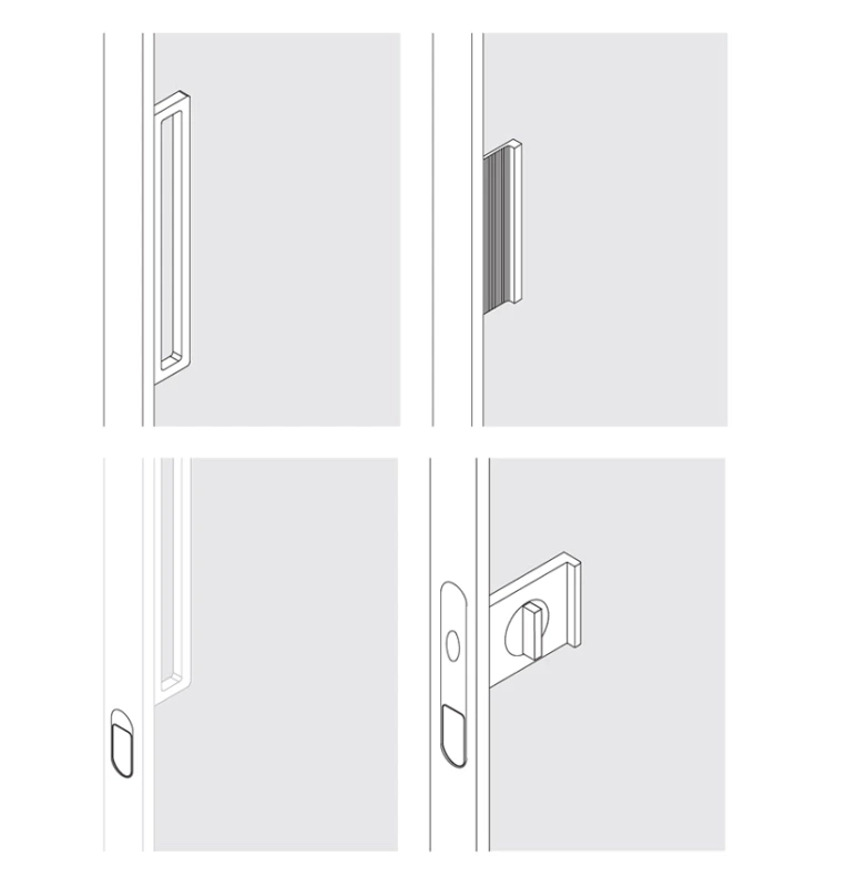 Technical illustrations showing four Rimadesio Daimon handle and locking configurations