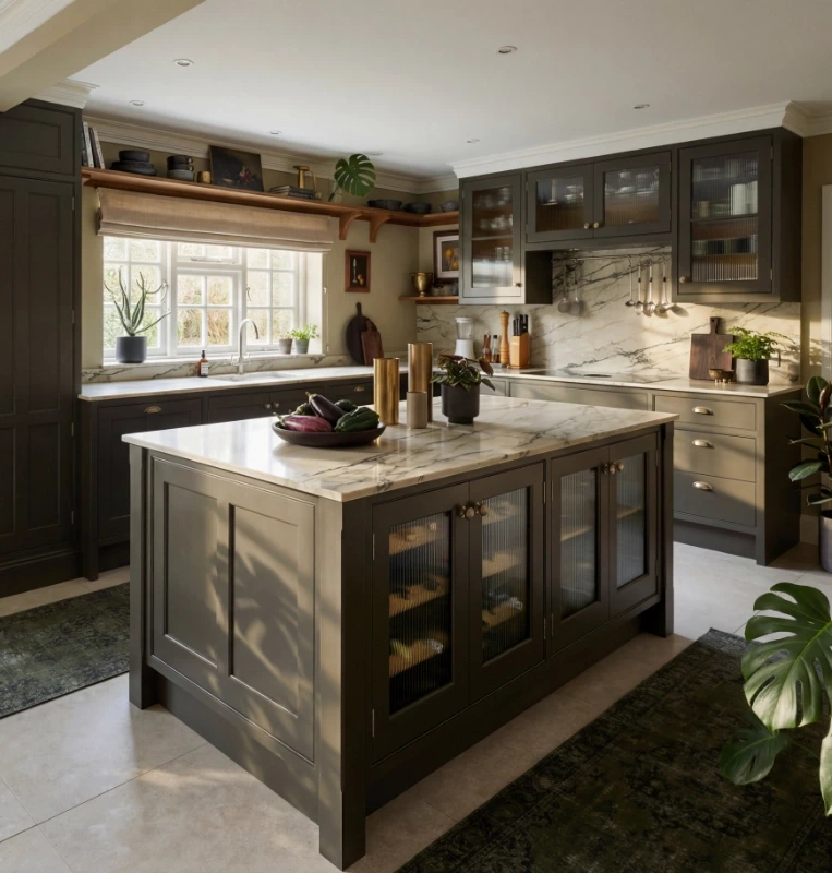 Dark painted island with a veined stone worktop, glazed cupboards and integrated storage.
