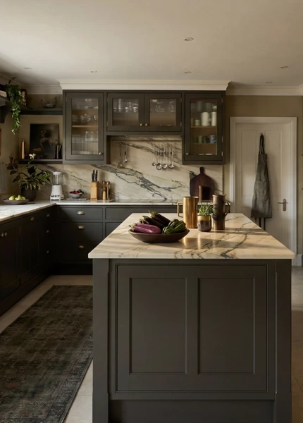 Dark olive painted kitchen with a central island, pale veined worktops and full-height cabinetry.