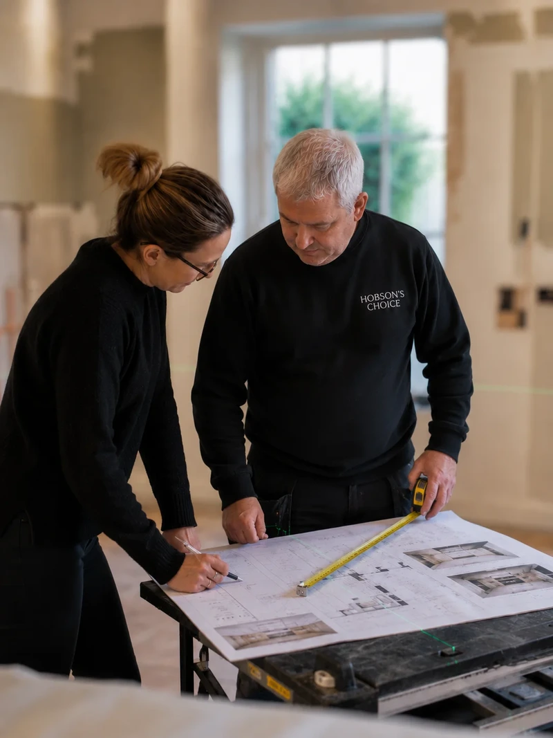 Kitchen designer and installer reviewing project drawings together.
