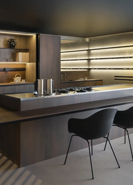 alt="large Arrital kitchen was seating and integrated lighting"