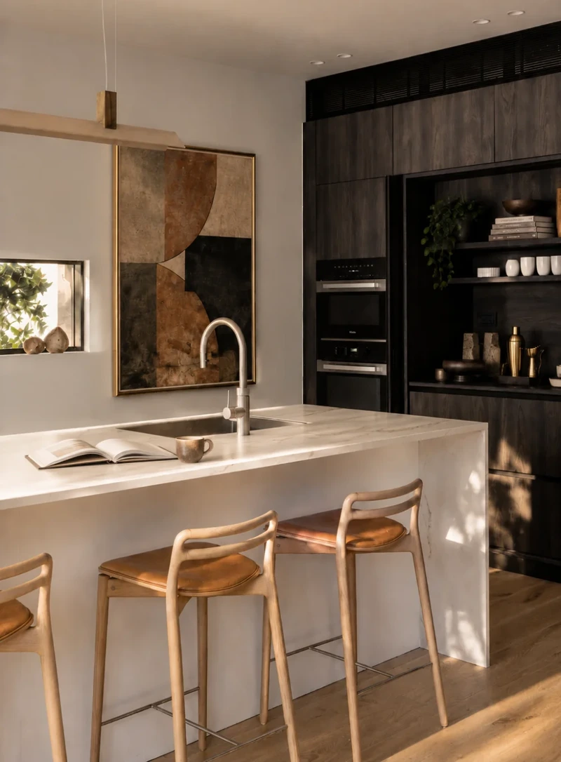 Light Arrital kitchen with a pale stone island, timber stools and black full-height cabinetry.