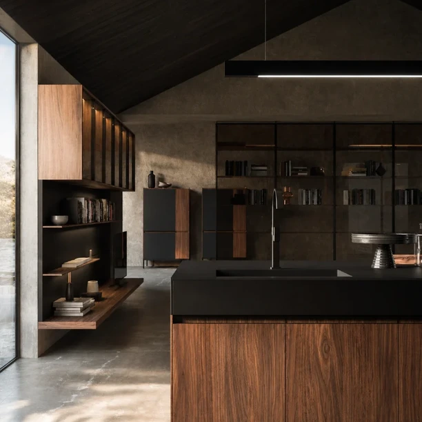 Arrital AK_Project display at the Winchester studio with dark cabinetry and a stone island.