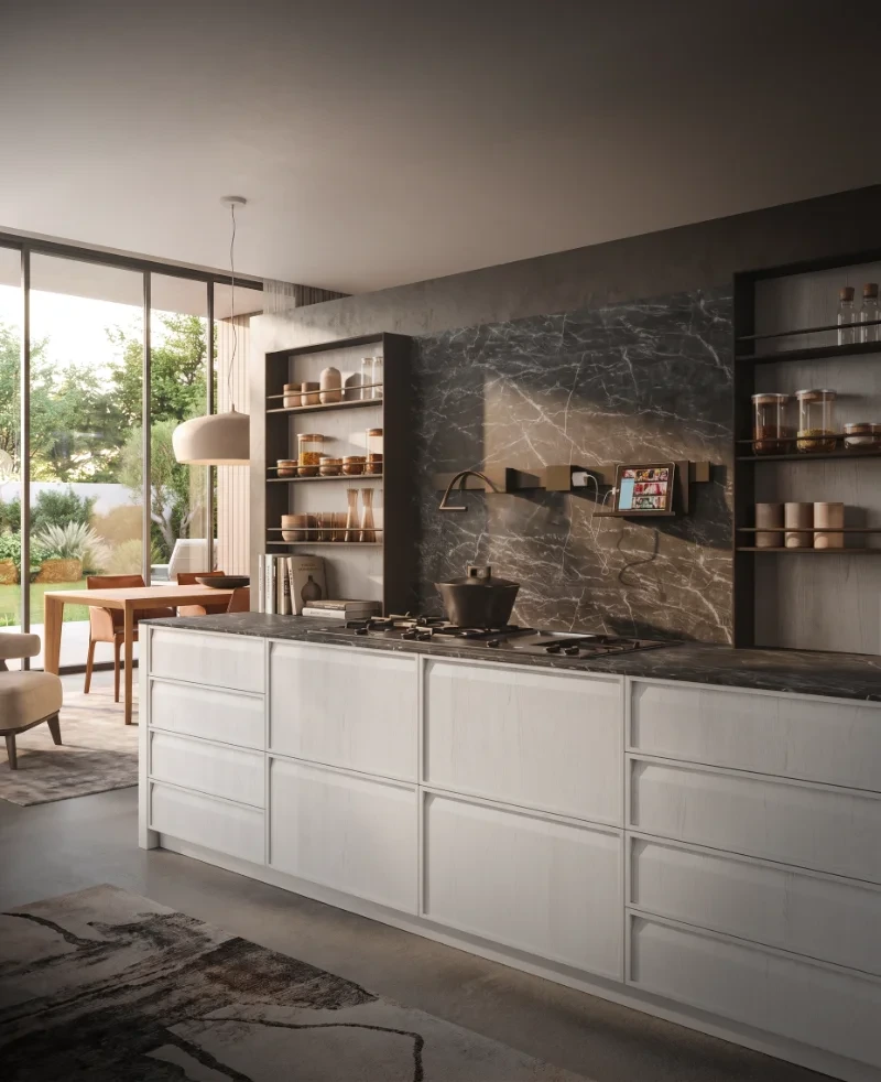 Light Arrital kitchen with a white fluted island, dark stone splashback and open shelving.