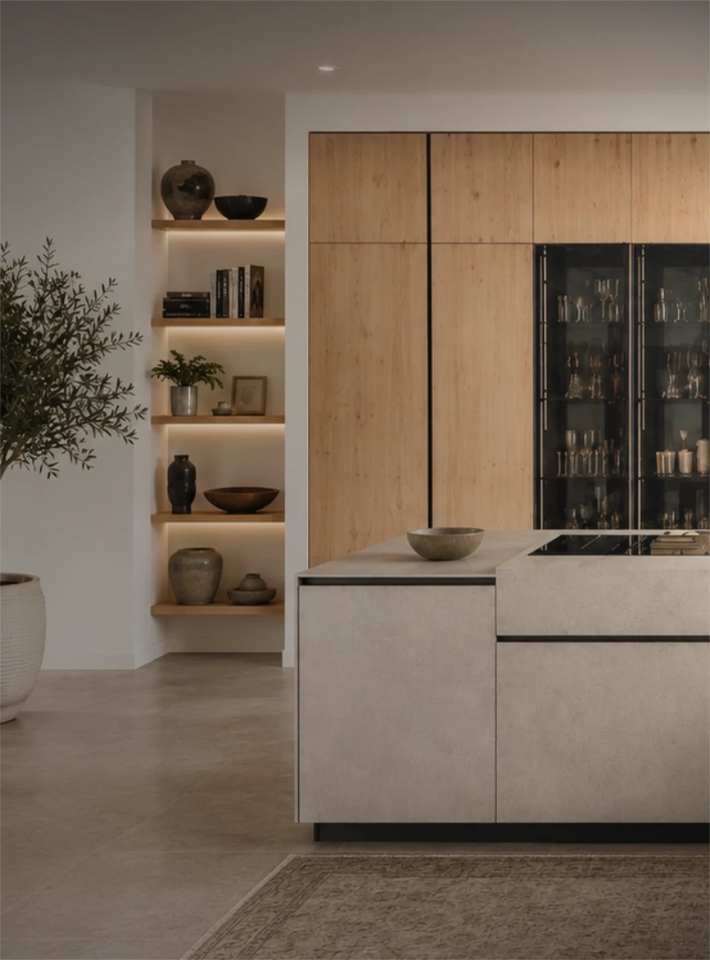 Arrital kitchen island with fluted timber fronts and a pale stone worktop.