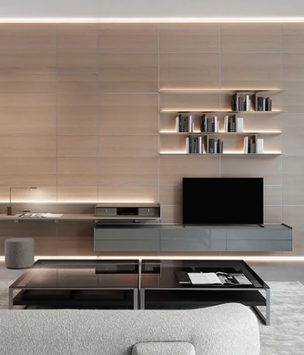 Rimadesio living-room media wall with integrated shelving and storage