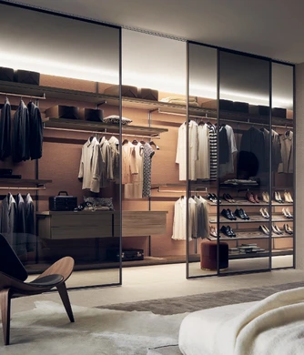 Rimadesio walk-in wardrobe with integrated shelving and hanging storage