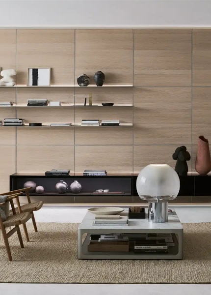 Rimadesio fitted shelving and storage across a contemporary living-room wall