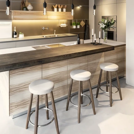 Carl Hansen & Søn bar stools at a kitchen island in the Hobson’s Choice Winchester studio