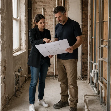 Bathroom designer explaining plans to installer on site
