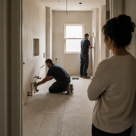 View of Hobson's Choice Installers working in a empty bathroom space whilst the client watches through the doorway