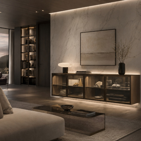Rimadesio Self Bold sideboard with glass-fronted compartments, a marble top and integrated display lighting.