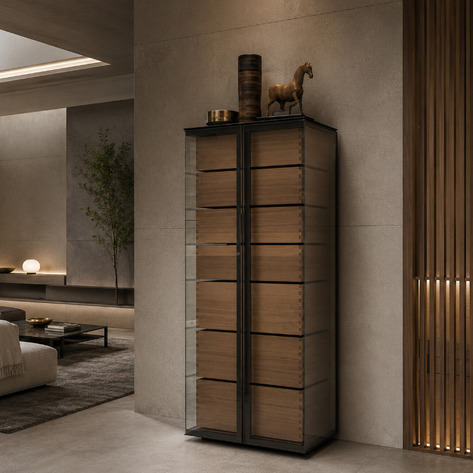 Tall Rimadesio Ala display cabinet with reflective glass doors and timber drawer fronts in a pale contemporary interior.