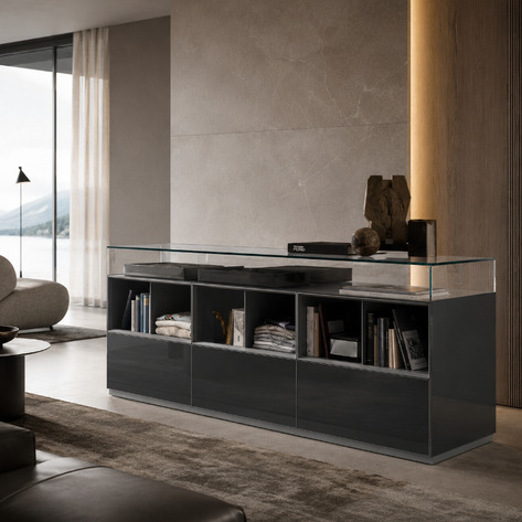 Rimadesio Dolmen double-sided display cabinet with a transparent glass upper section and dark lacquered base.