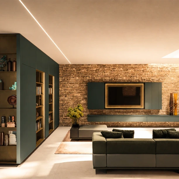Arrital shelving and storage dividing a home office from the adjoining living space