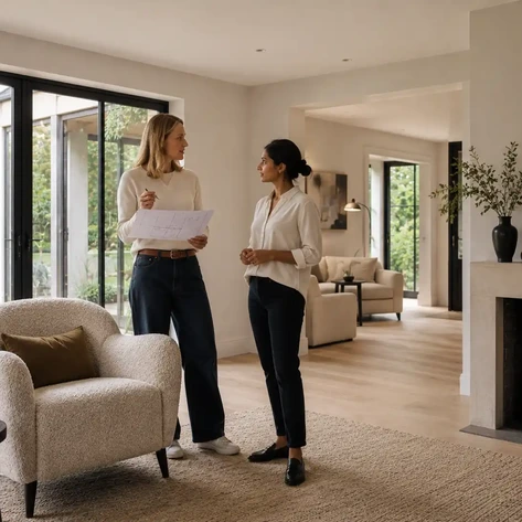 A designer and client review the living space layout and furniture