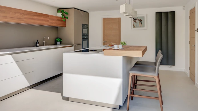Alpine White Kitchen With Walnut Accents 13