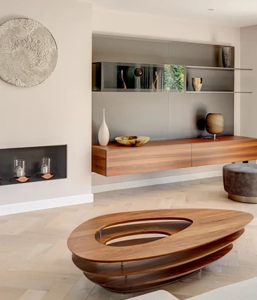 Walnut, Glass, and Aluminium Living Room Storage